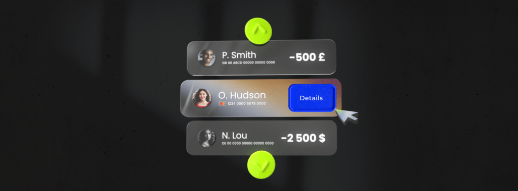 The dashboard with three segments showing access to transactions.