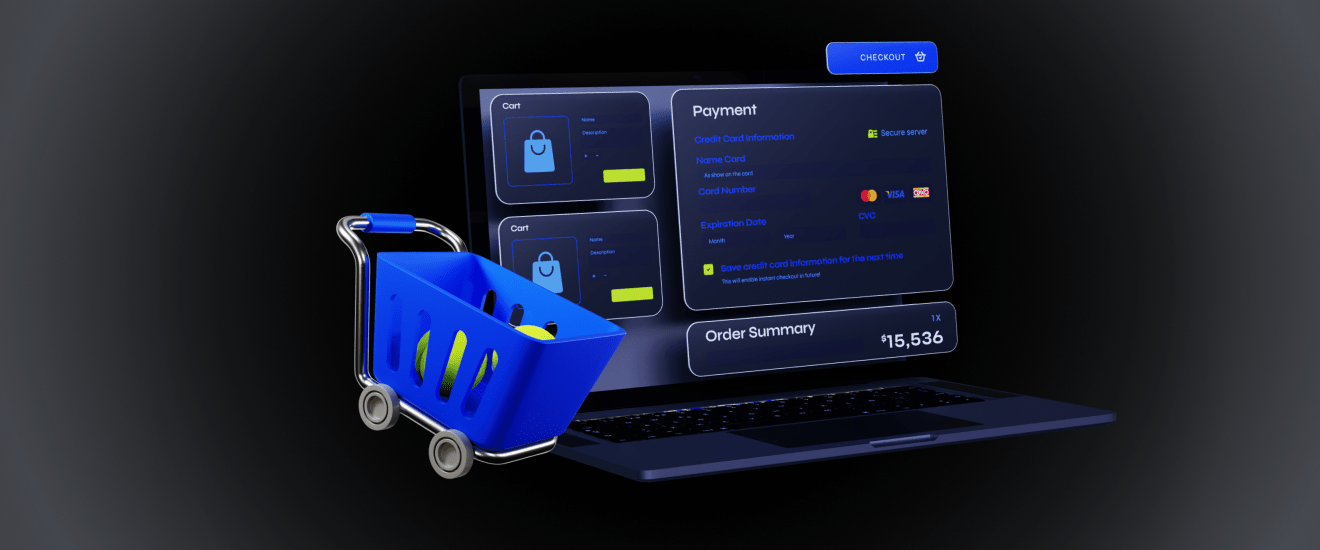 The image of a laptop and a shopping cart representing a Merchant Account