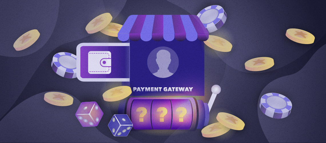 A purple and white dice and cards and a wallet symbolizing payment gateway for gambling businesses