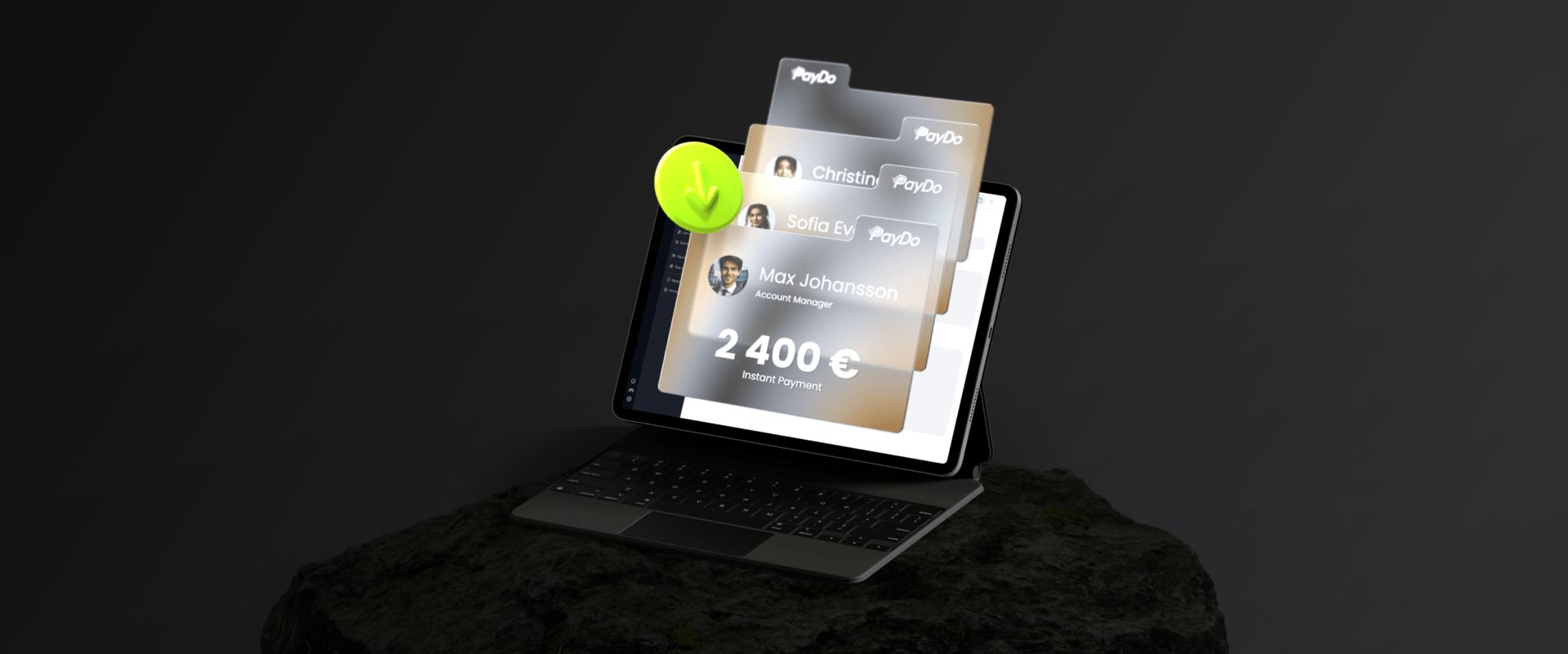 The laptop dashboard showing different recipients and instant money transfers.