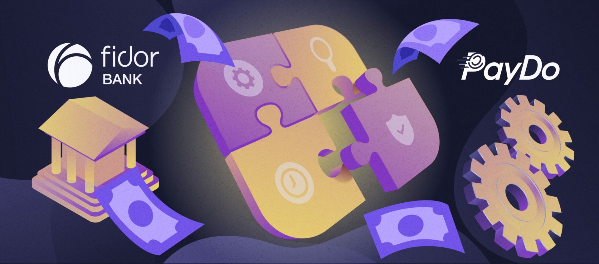 Puzzle pieces with money flying around symbolizing Fidor Bank and PayDo collaboration