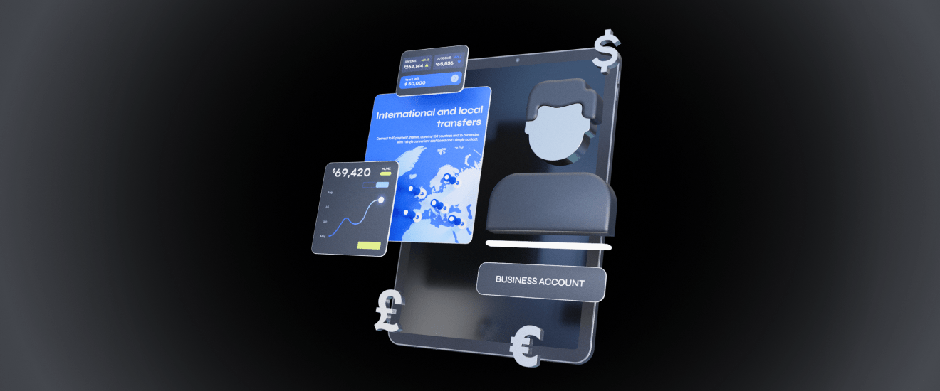 Digital illustration depicting various financial elements including a tablet displaying international and local transfers, business account features, currency symbols ($, £, €), and financial graphs, representing a merchant account.