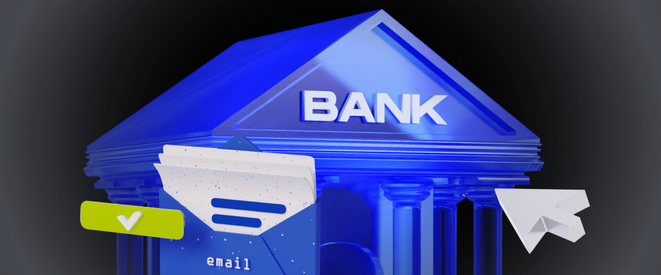 This image shows a stylized blue 3D model of a bank with "BANK" inscribed on it, overlaid with icons for email verification and a green checkmark, symbolizing online banking security.