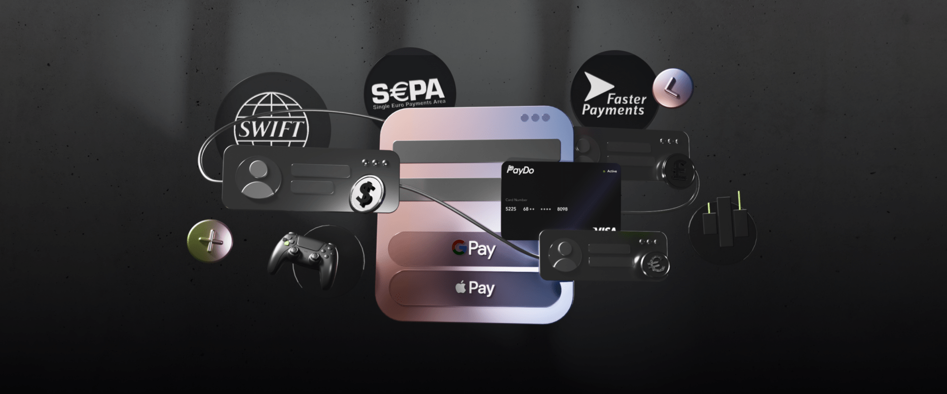 Multiple elements showing payment schemes representing PayDo online banking service.