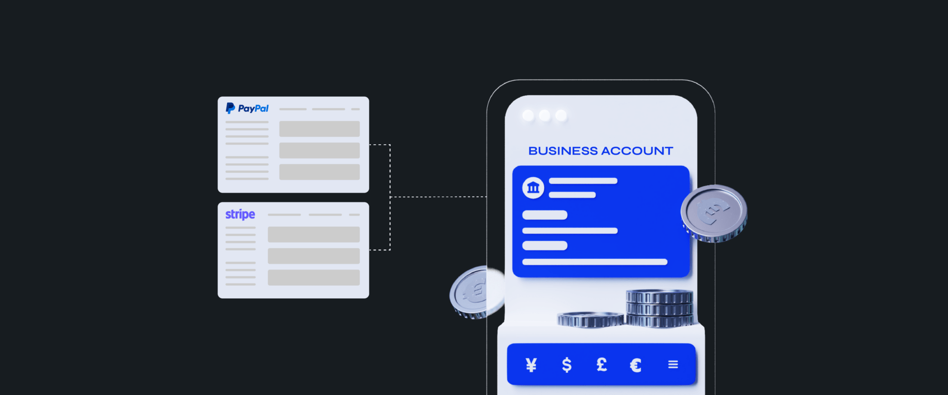 A phone with open Business account and PSP settlement options – PayPal and Stripe