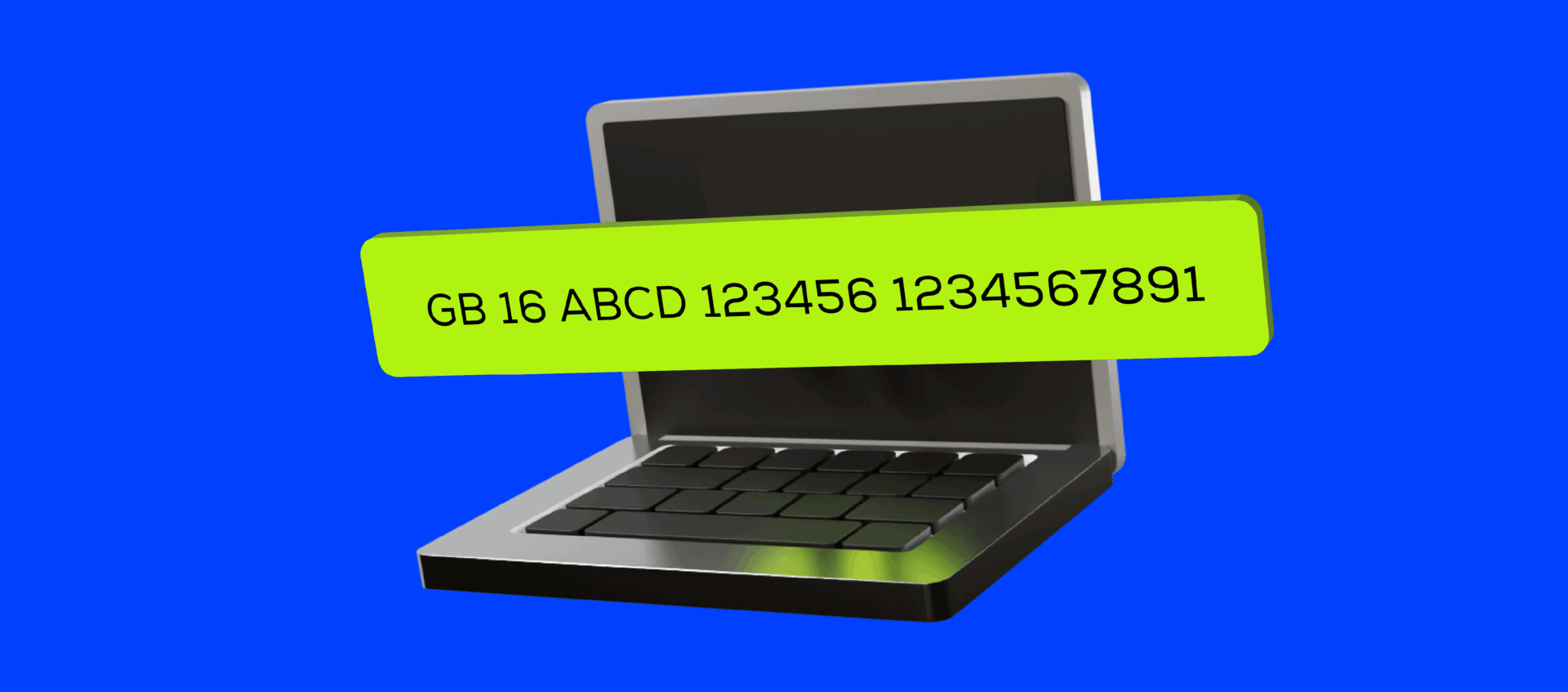A laptop is displayed with a green virtual IBAN.