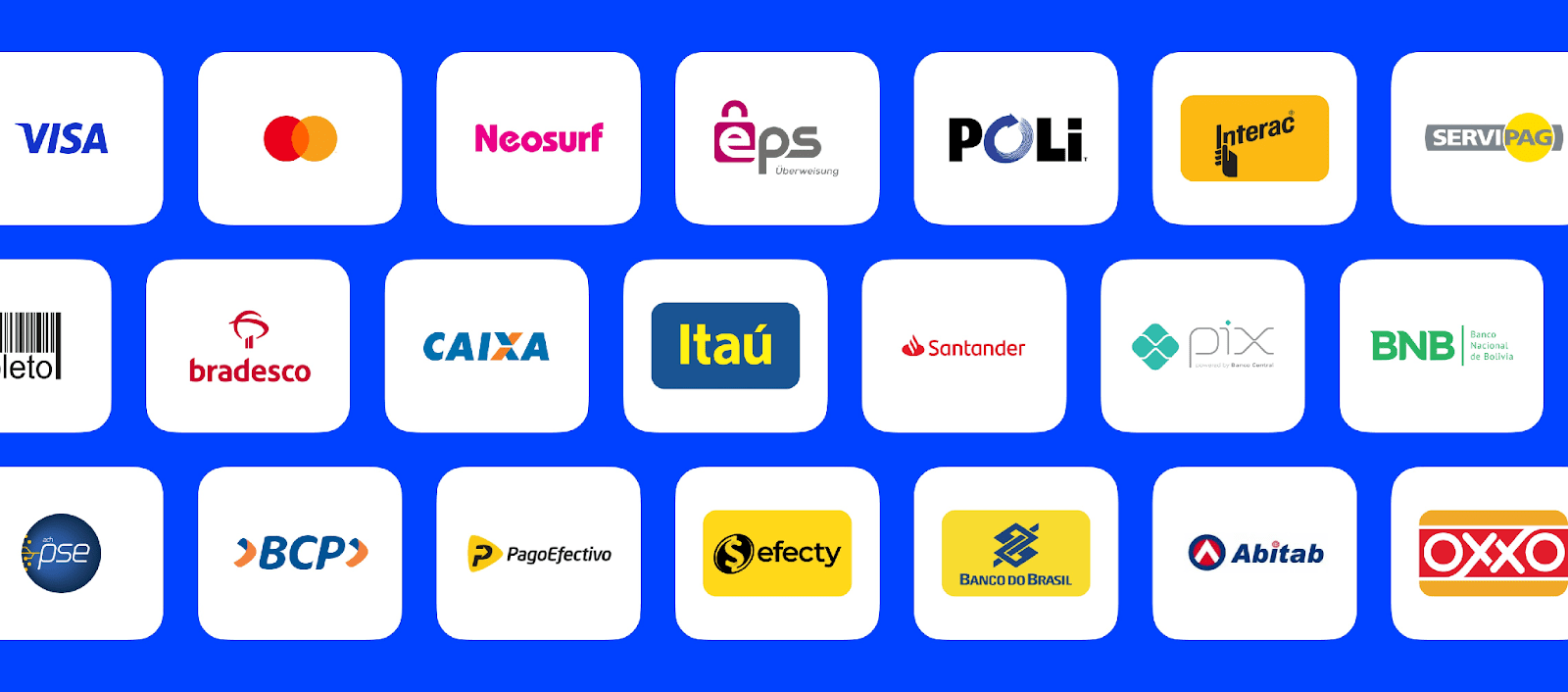 Payment methods offered by PayDo checkout services displayed on a blue background