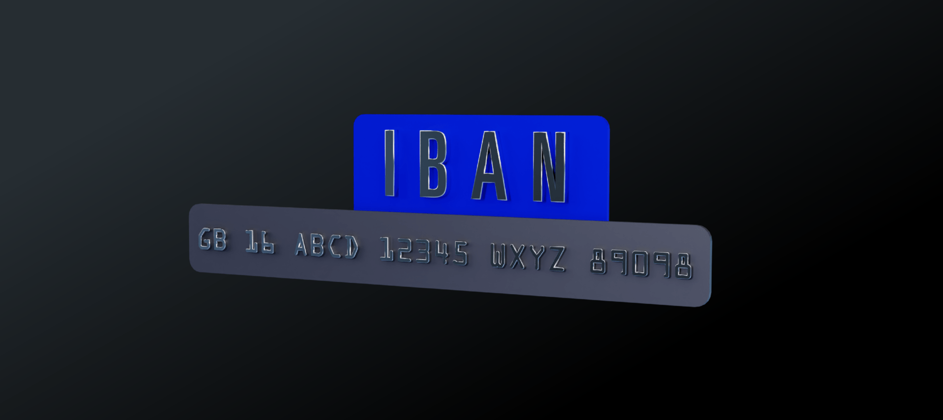 A 3D render of two floating metal plates against a dark background, one with 'IBAN' in blue.