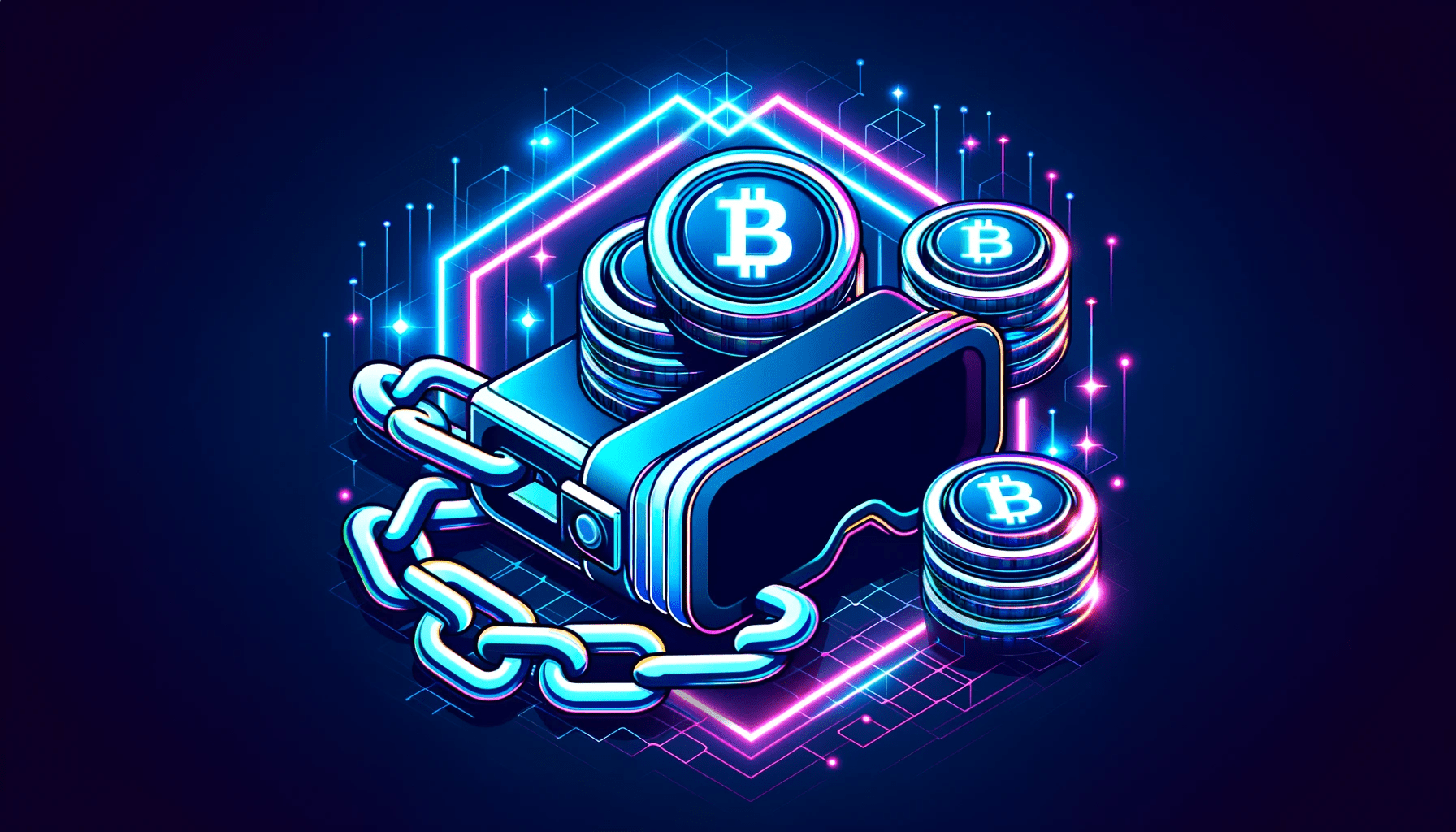 A vibrant graphic illustrating blockchain technology with cryptocurrency coins, interconnected by chains, in a dark blue color scheme.