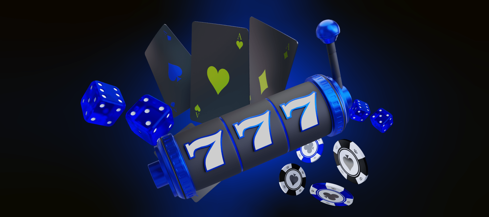 The image shows a "777" sign from slot machines and different casino attributes on the background.