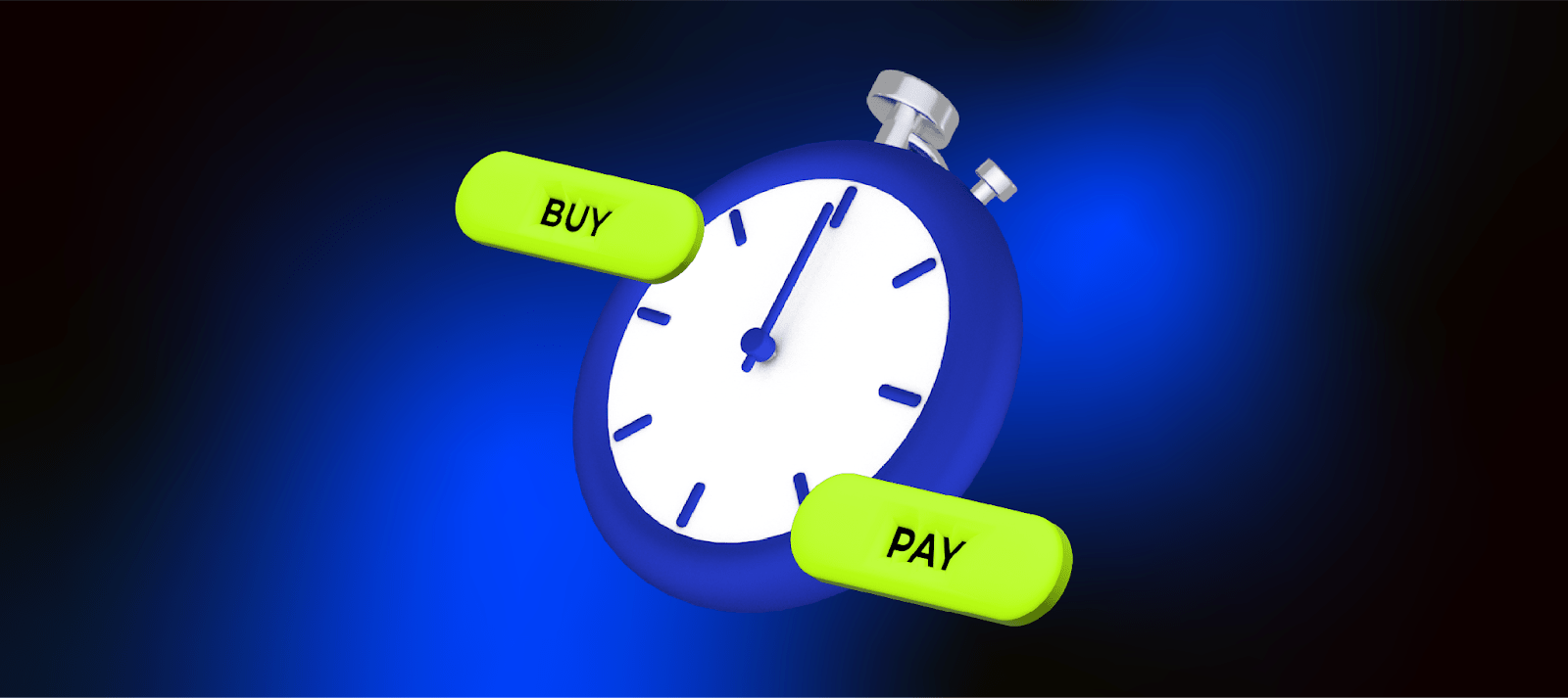 The image shows a huge clock with "pay" and "buy" on it. It represents a Buy Now, Pay Later payment method.