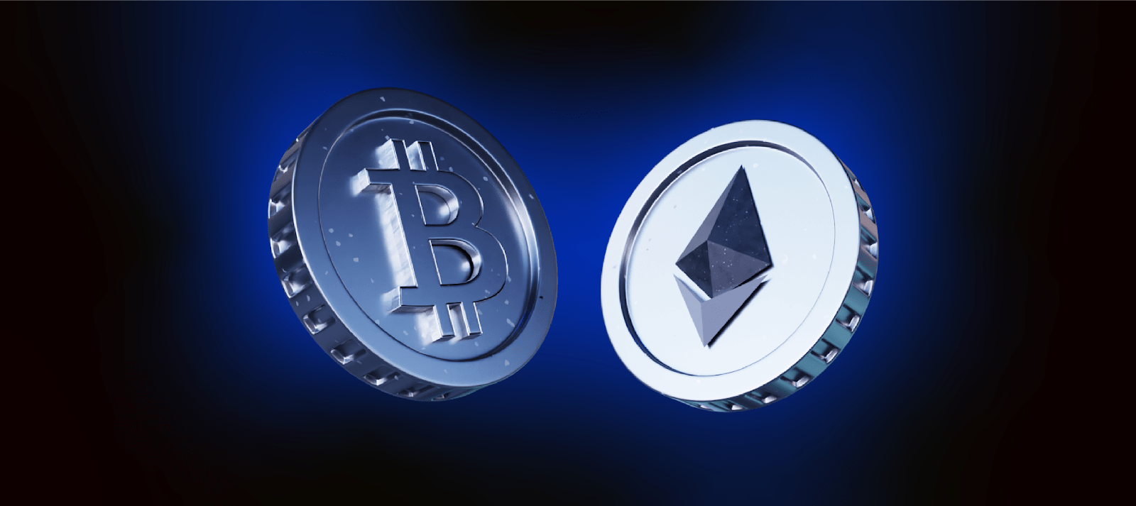 The image shows two crypto coins - BTC and ETH. These represent crypto-based payment methods.