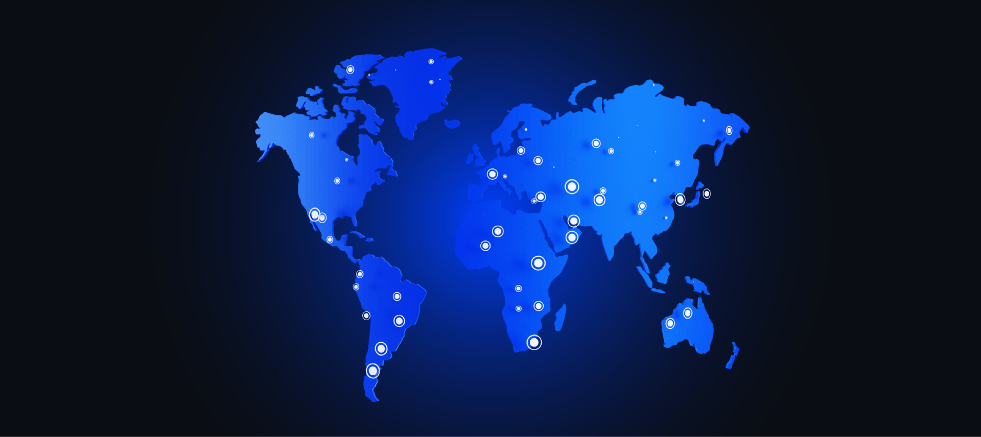Image of a world map in blue with white circles indicating global reach or service locations.