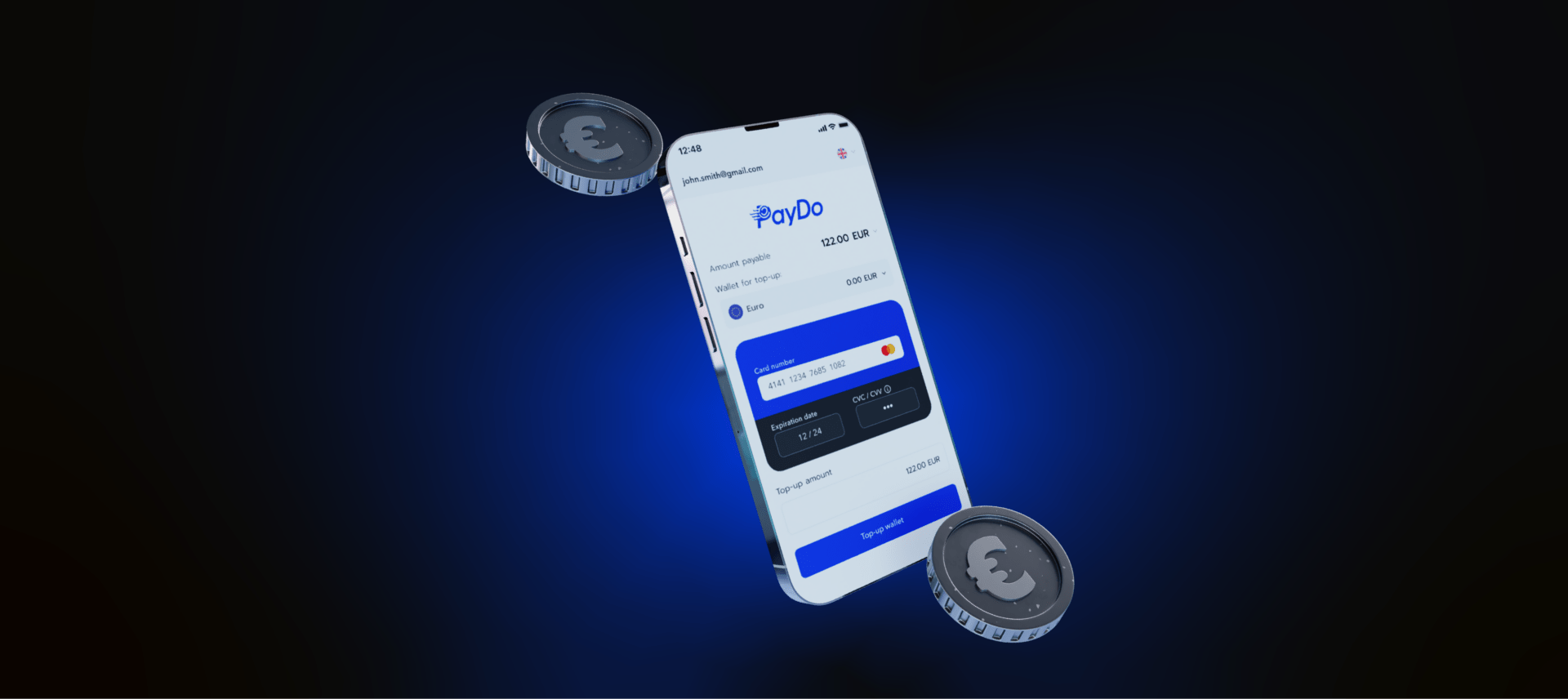 An illustration of a smartphone displaying the PayDo app interface with options for wallet top-up.