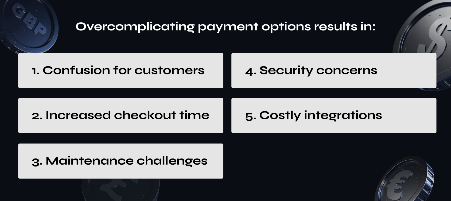 A graphic highlighting the problems of overcomplicating payment options, including customer confusion, increased checkout time, security concerns, maintenance challenges, and costly integrations.