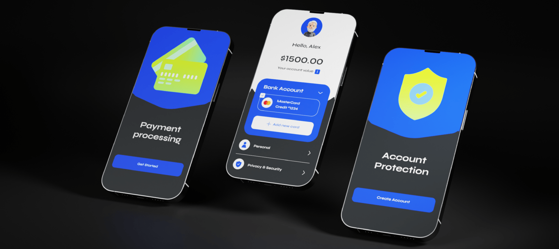 Three smartphones displaying finance app features: Payment Processing, Account Balance, and Account Protection.