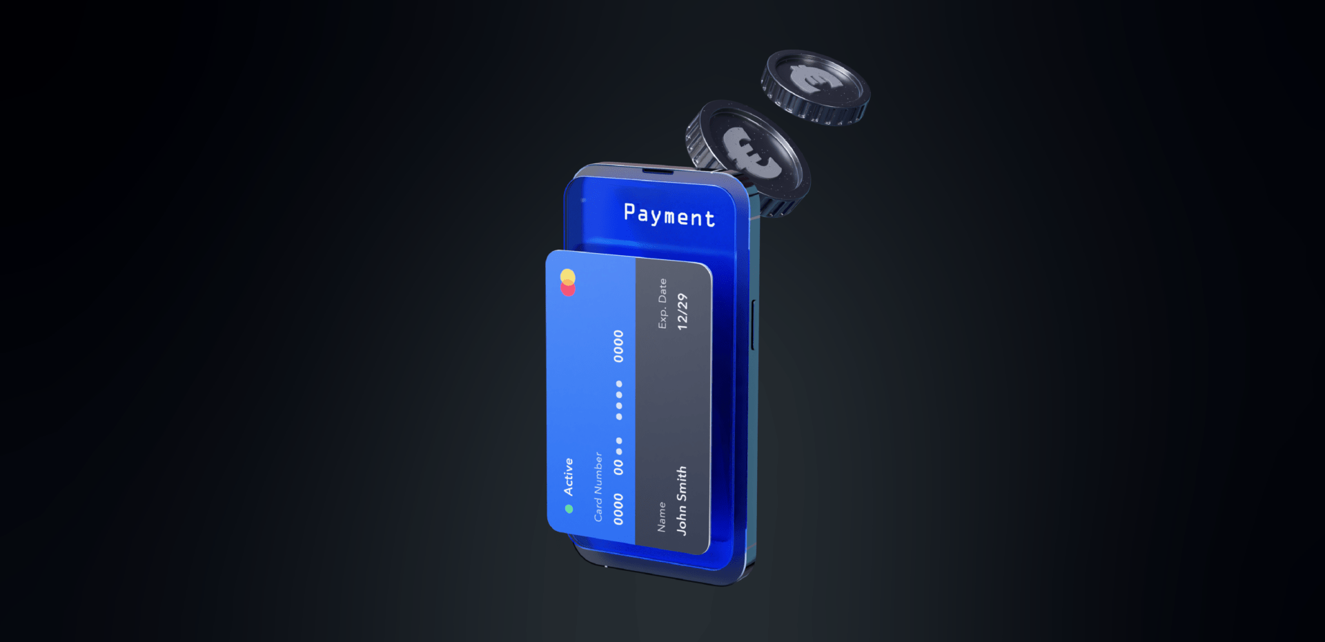 Graphic of a smartphone with a digital payment card on the screen, alongside floating coins, illustrating a mobile payment or digital wallet transaction.