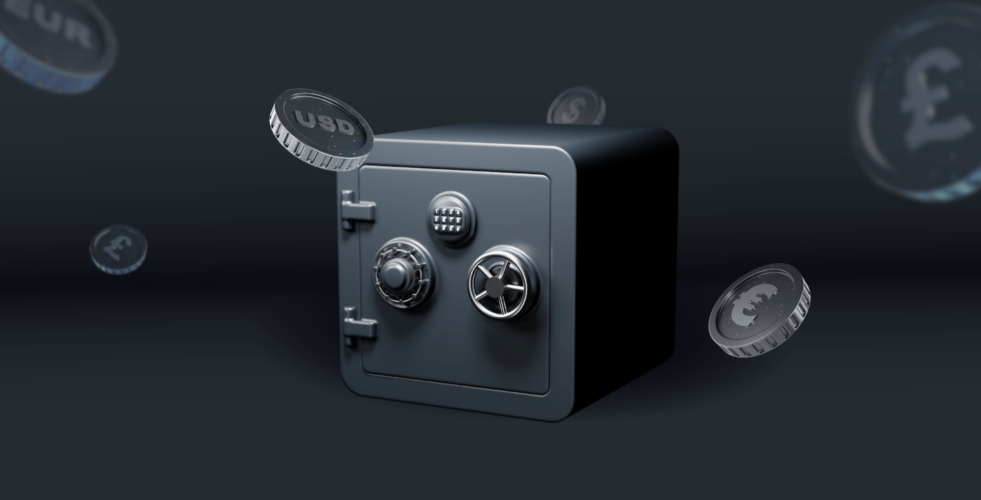 A 3D illustration of a dark-colored safe with a silver handle and combination dial, floating against a dark background with stylized coins bearing the symbols of various currencies such as the Euro (€), US Dollar ($), and British Pound (£). The coins appear to be in motion, suggesting a concept of secure financial transactions or savings.
