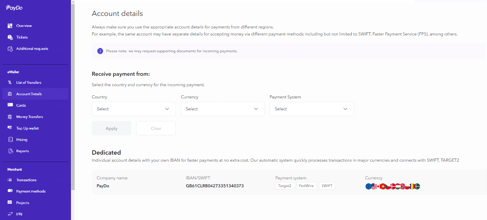 PayDo dashboard screenshot showing where you can find a branch code or a sort code.