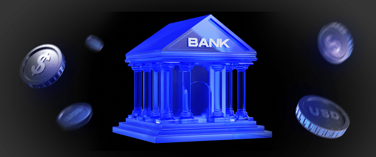 A conceptual image of a traditional Greek-style bank building rendered in a luminous blue with spinning coins depicting currency symbols such as the dollar and euro, representing the dynamism of financial transactions.