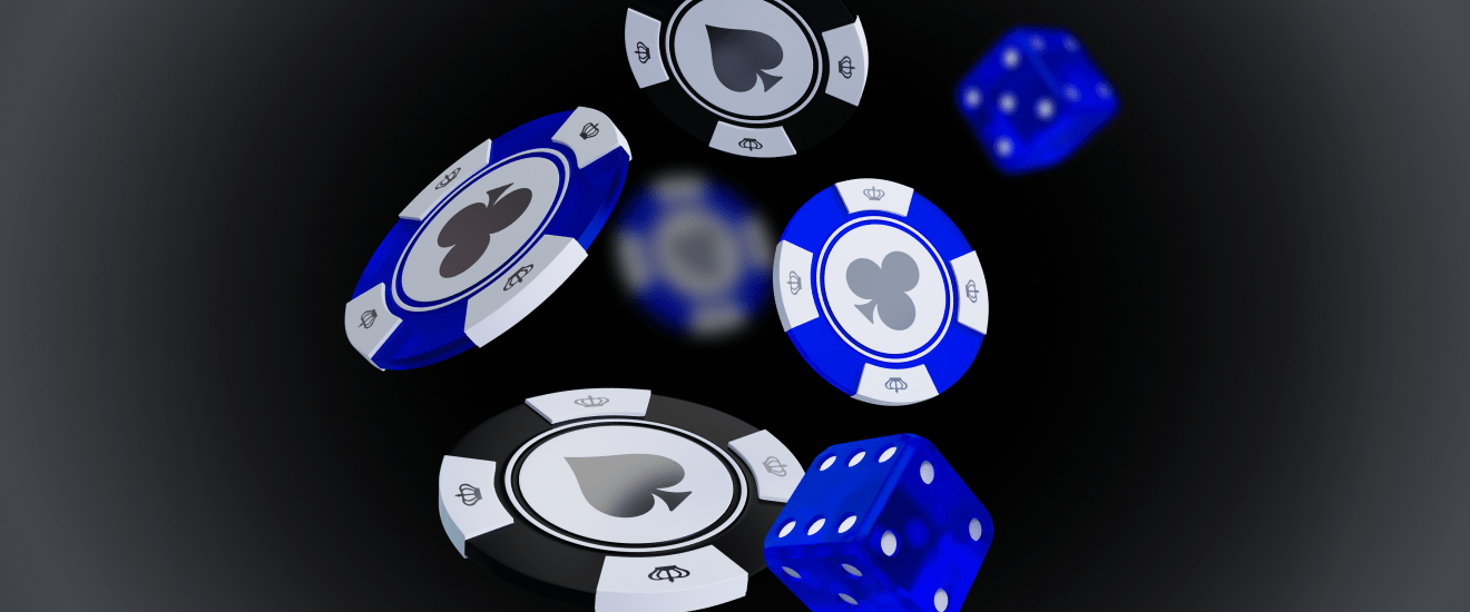 Close-up image of casino poker chips and dice in mid-air, representing the concept of online gambling and gaming.