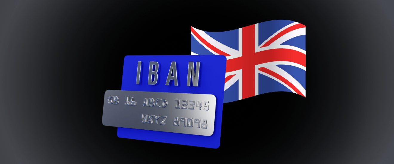 IBAN card with UK flag, symbolizing international banking.