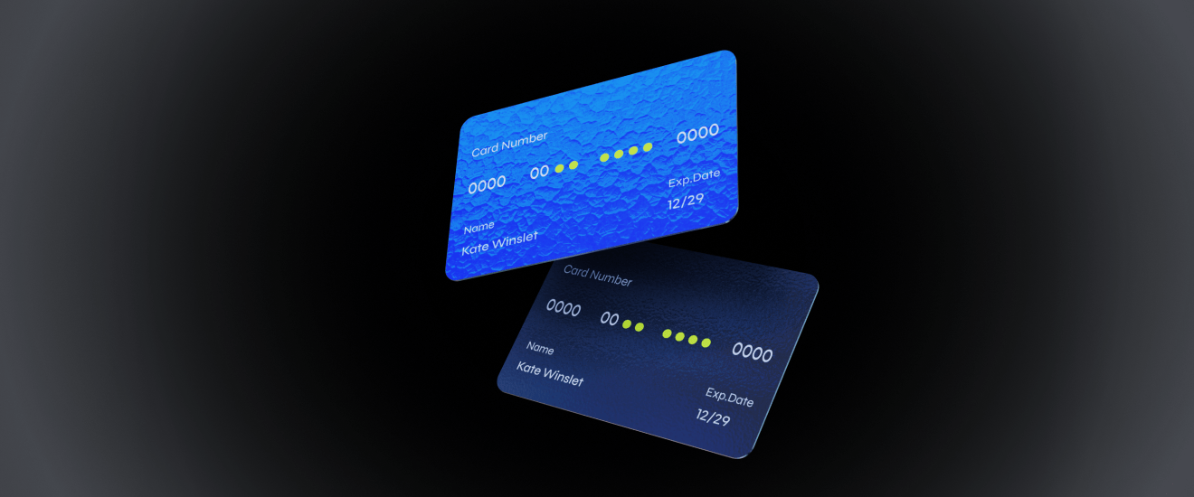 Digital illustration of two credit cards, one above the other, both labeled with the name "Kate Winslet" and showing partial card numbers and expiration dates, representing a comparison between different credit card options.