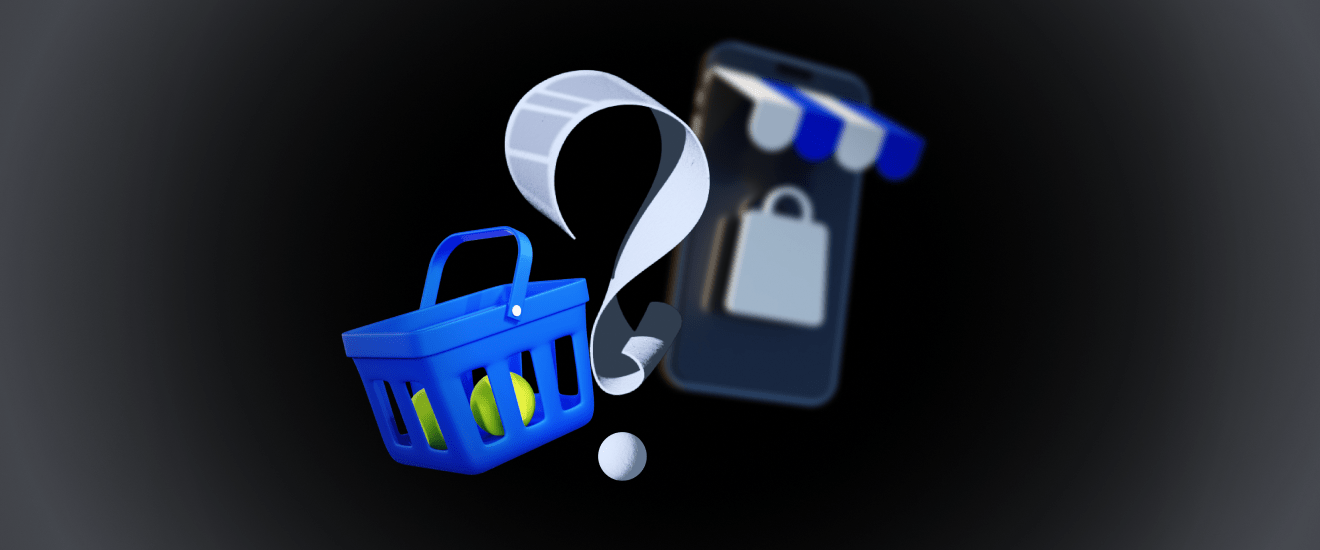 A blue shopping basket with items inside and a large question mark next to it, with a blurred image of a smartphone displaying a shopping bag icon in the background, symbolizing uncertainty in online shopping.