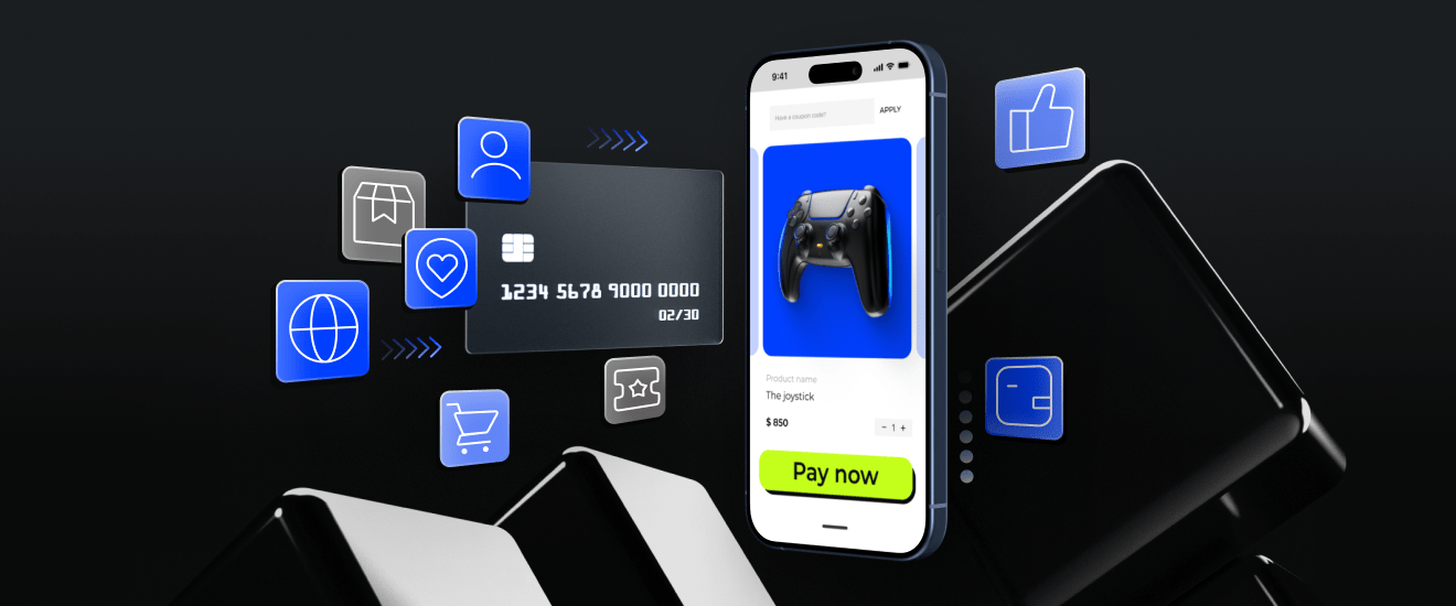 Illustration of a smartphone displaying an online purchase with various digital payment icons representing online shopping and payment gateway integration.