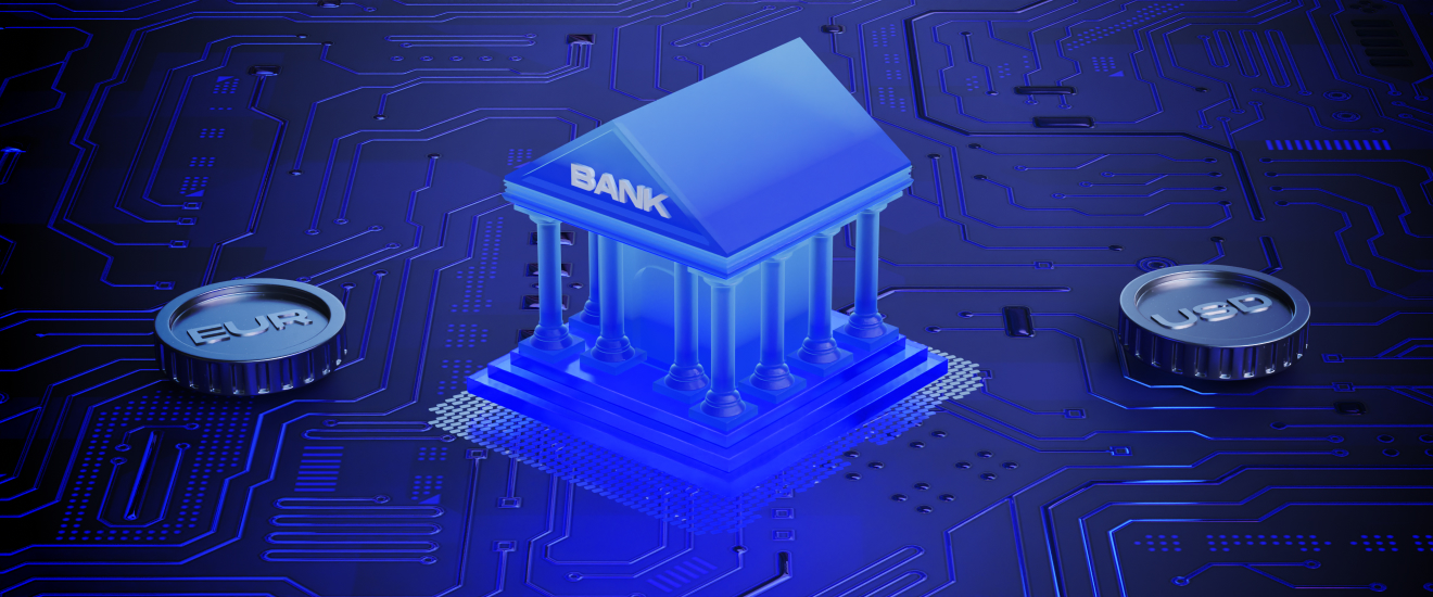 Digital Bank with Euro and USD Coins on Circuit Board