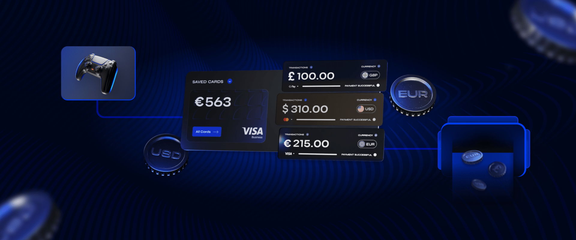 Graphic of a mobile device displaying successful payment transactions in EUR, GBP, and USD currencies, surrounded by floating currency coins and a game controller, symbolizing diverse and secure payment processing options in the digital economy.