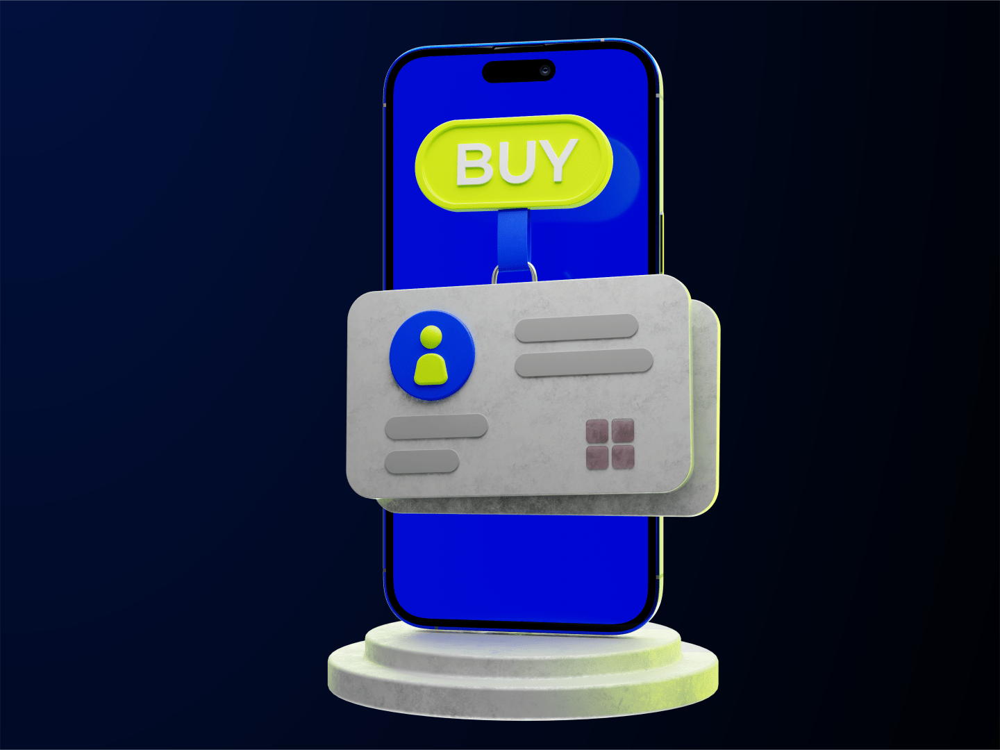A smartphone displaying a 'BUY' button with a floating ID card in front, all set on a pedestal against a dark background.