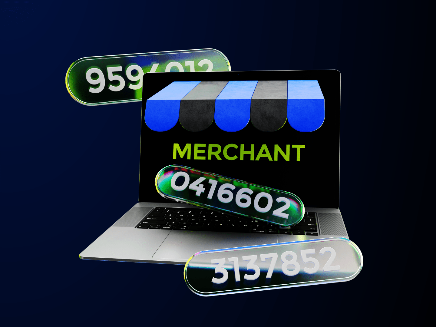A laptop with a merchant's storefront image on the screen, surrounded by three floating numbers: 9594012, 0416602, and 3137852