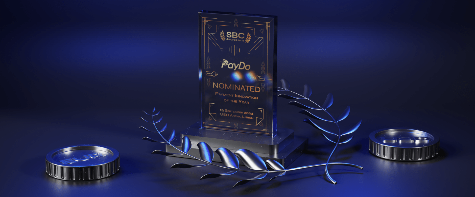 An award plaque for PayDo, nominated for 'Payment Innovation of the Year' at the SBC Awards 2024. The plaque is set against a dark blue background, with decorative elements including silver leaves and a coin-like object.