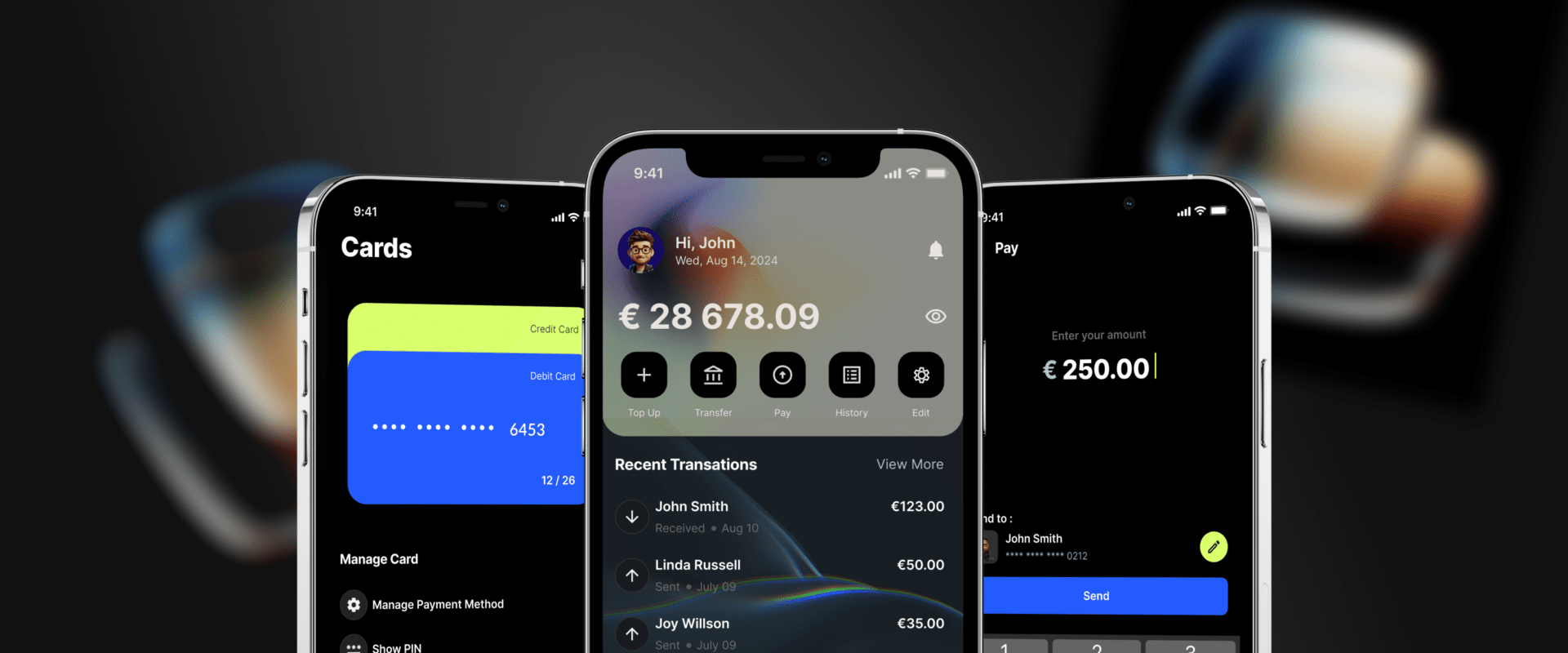 Three smartphone screens displaying a payment app with options for managing cards, transferring funds, and making payments. Easy online payments
