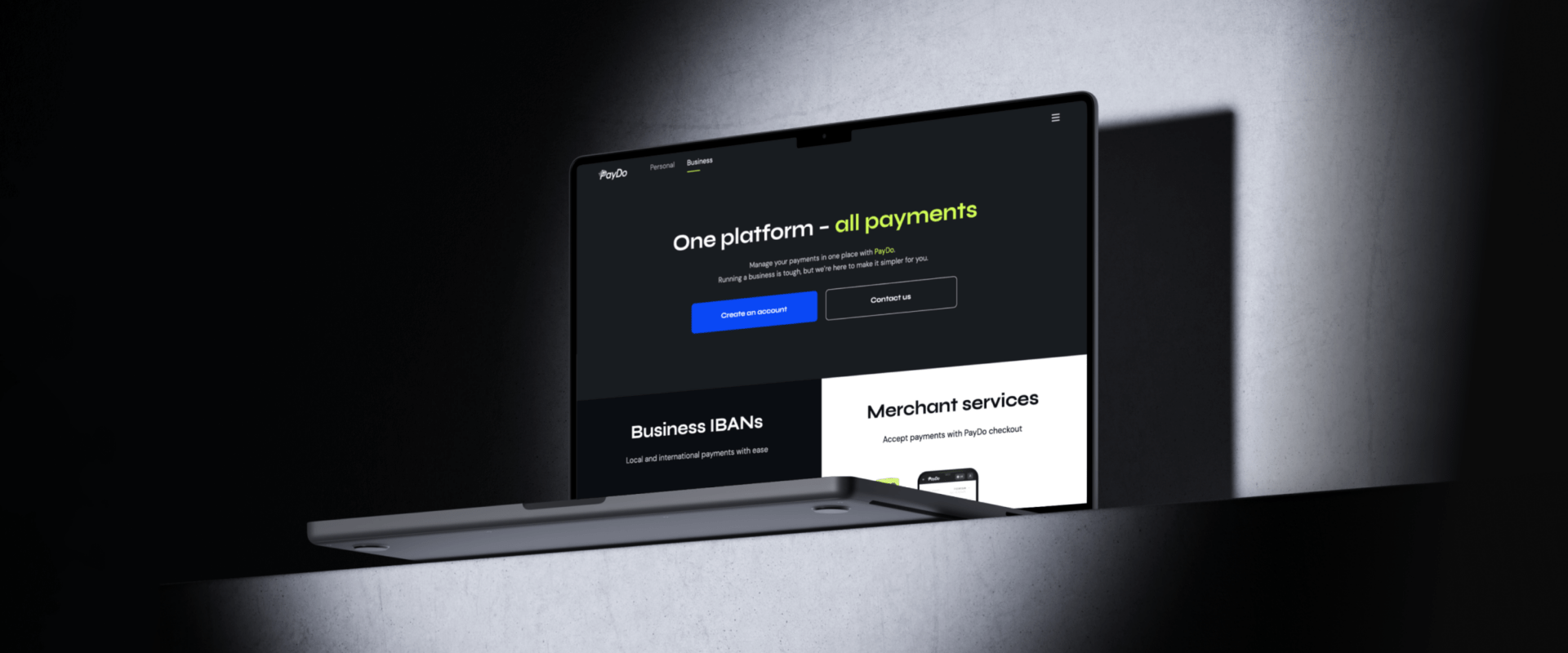 A laptop screen showcasing PayDo’s user interface, emphasizing business IBANs and easy payment management. Several payment providers in one place.