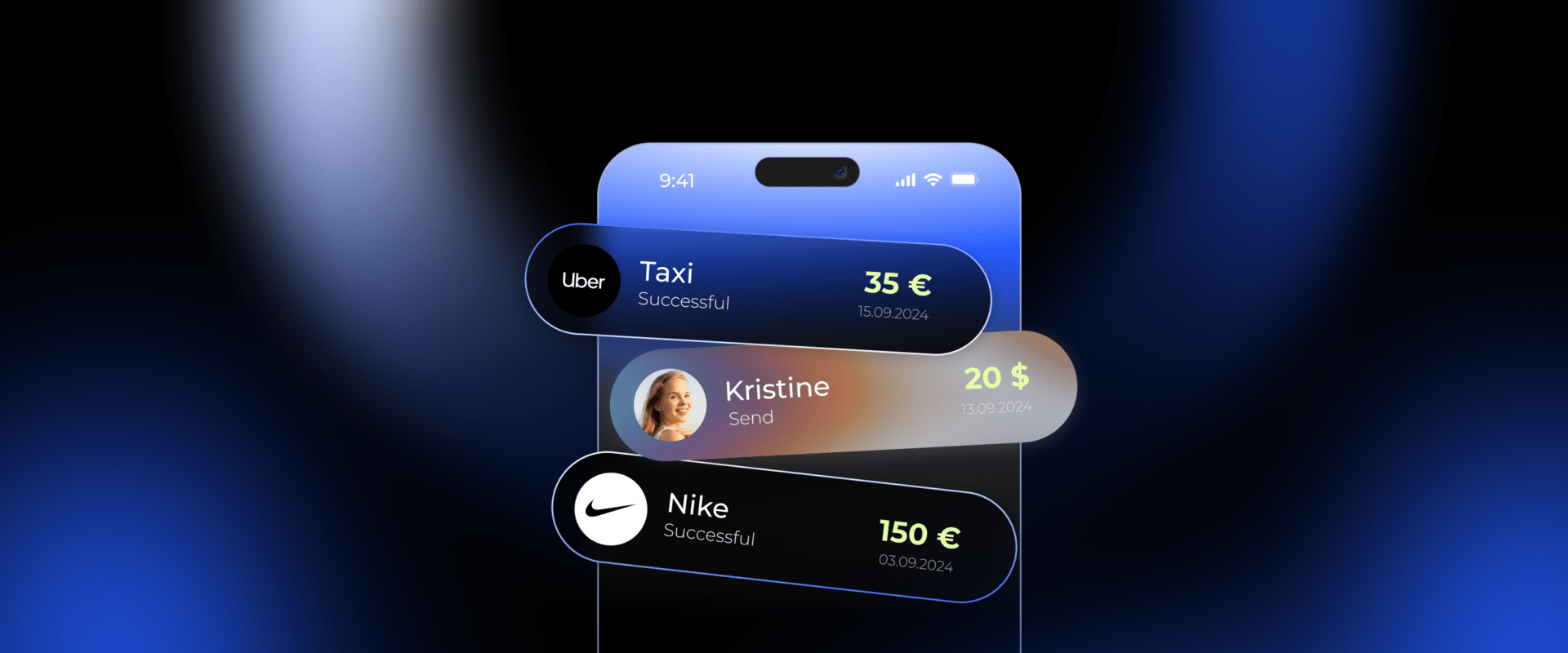 Mobile phone displaying recent transactions, a person named Kristine showing transaction amounts and successful status. Modern UI showcasing financial transaction tracking in online banking.