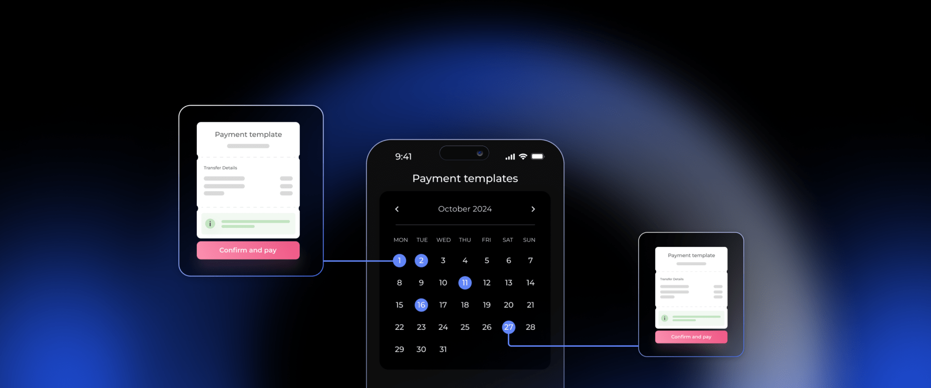 Mobile phone screen displaying payment templates calendar for October 2024, showing scheduled payments. Visual elements indicate the ability to confirm and pay using pre-set payment templates.