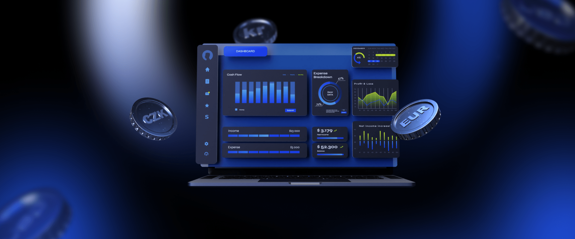 Laptop screen showing a financial dashboard with various widgets, including cash flow, income vs. expenses, expense breakdown, and profit & loss graphs. Virtual coins in different currencies floating around.